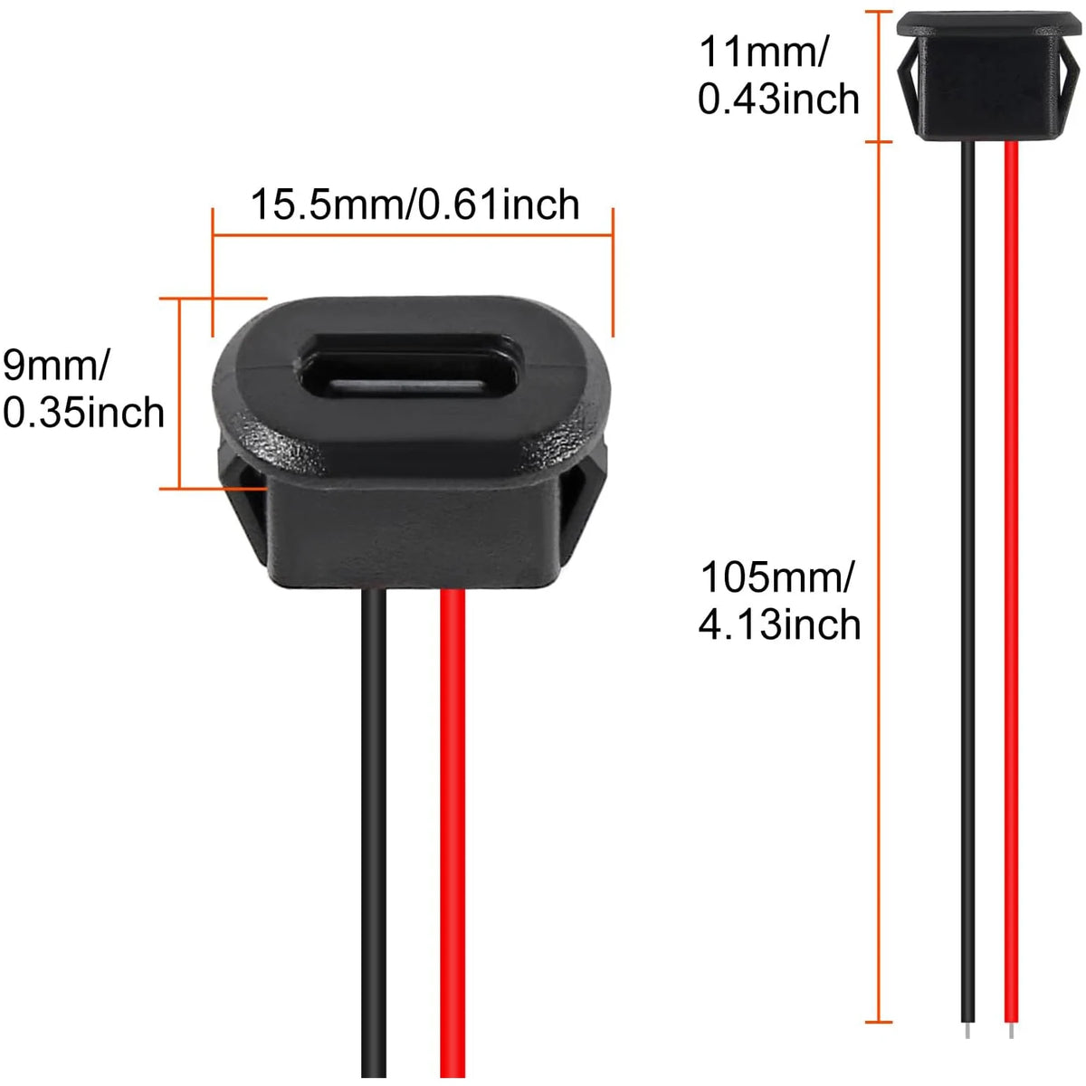 cable USB-C con conector hembra para montaje en panel, resistente al agua, con 2 cables pelados para soldar.