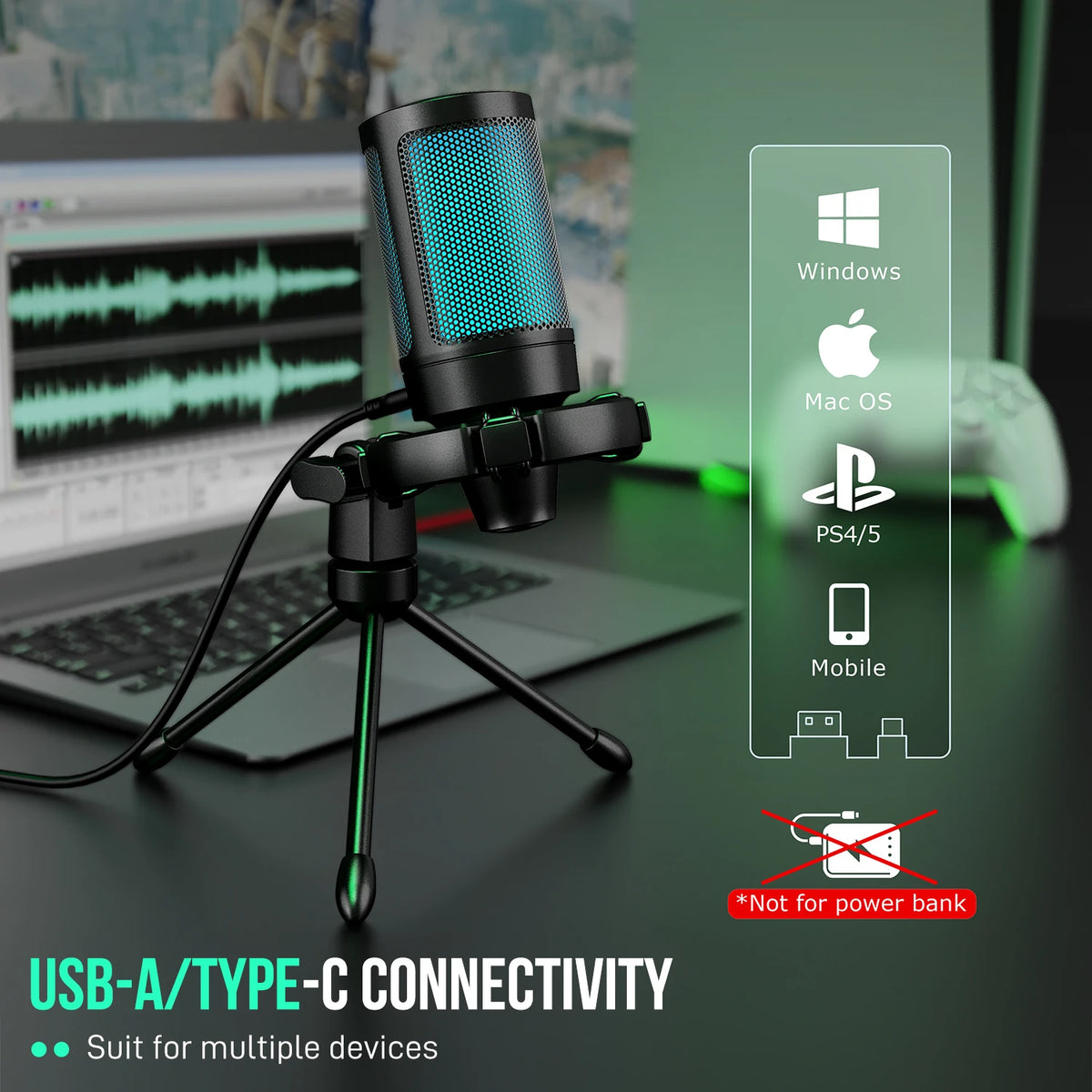 Micrófono Gaming USB RGB con Trípode – A2