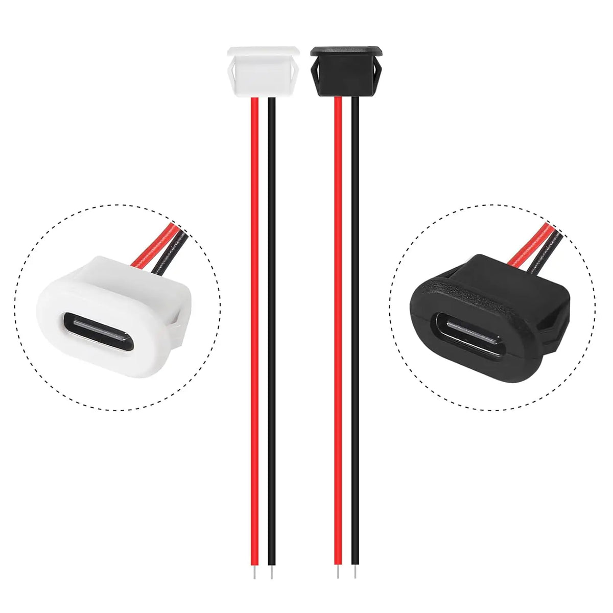 cable USB-C con conector hembra para montaje en panel, resistente al agua, con 2 cables pelados para soldar.